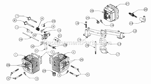 Cylinder Head And Manifolds Diagram and Parts List for 5416R 457900-460859, 553C562K100, 554C562K100 Cub Cadet Lawn Mower
